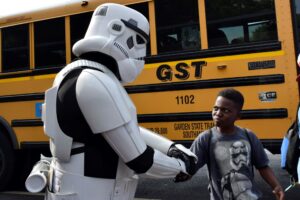 Storm trooper looking for directions to camp